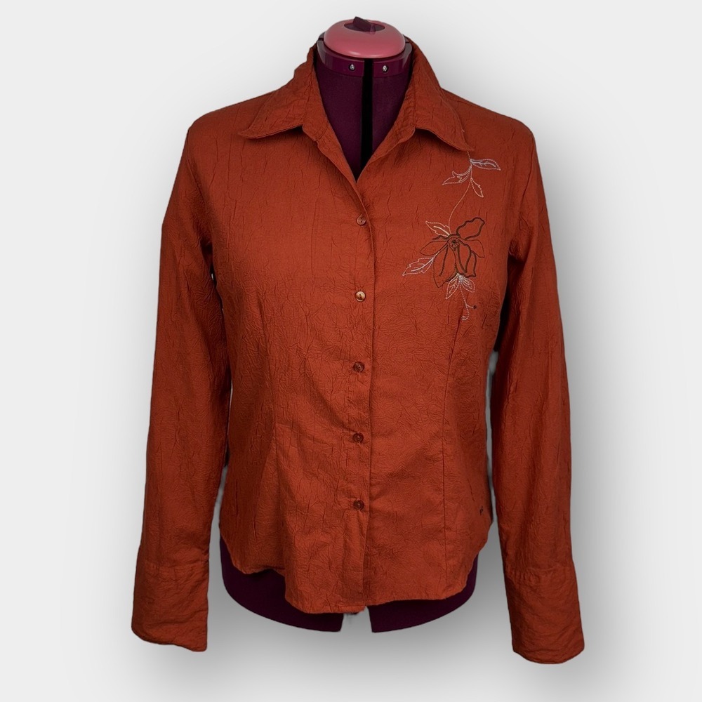 Point Zero Women's Crinkle Button Front Shirt XL Rust Floral‎ Embroidery